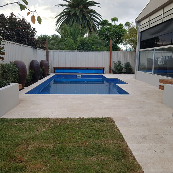 Medium Light Travertine Pool Area Pavers | Pavers 600 x 300 & Bullnose Copers