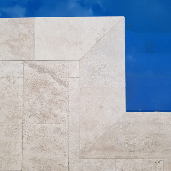 Medium Light Travertine Pool Pavers | Pavers 600 x 300 & Bullnose Copers