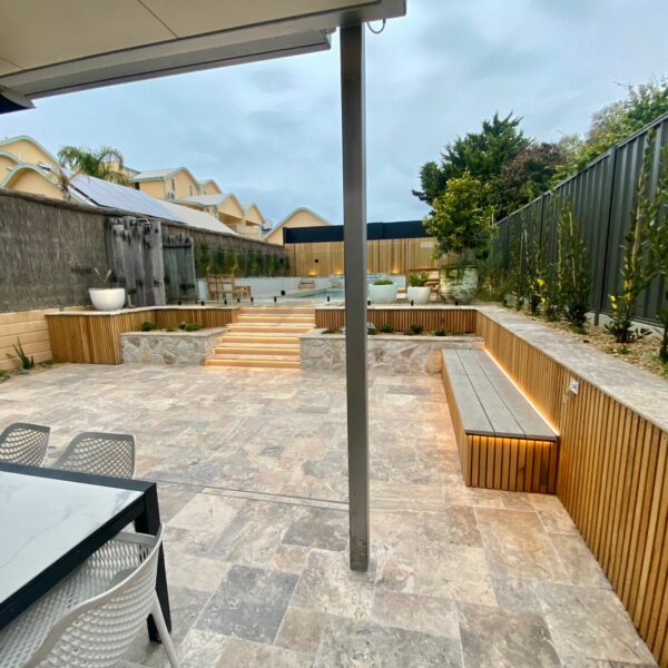 Silver Travertine pool paving French Pattern | Adel Pool Patrol