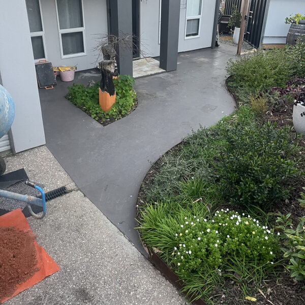 Before 12mm Oyster Travertine French Pattern tiles porch | Hourigan Landscaping